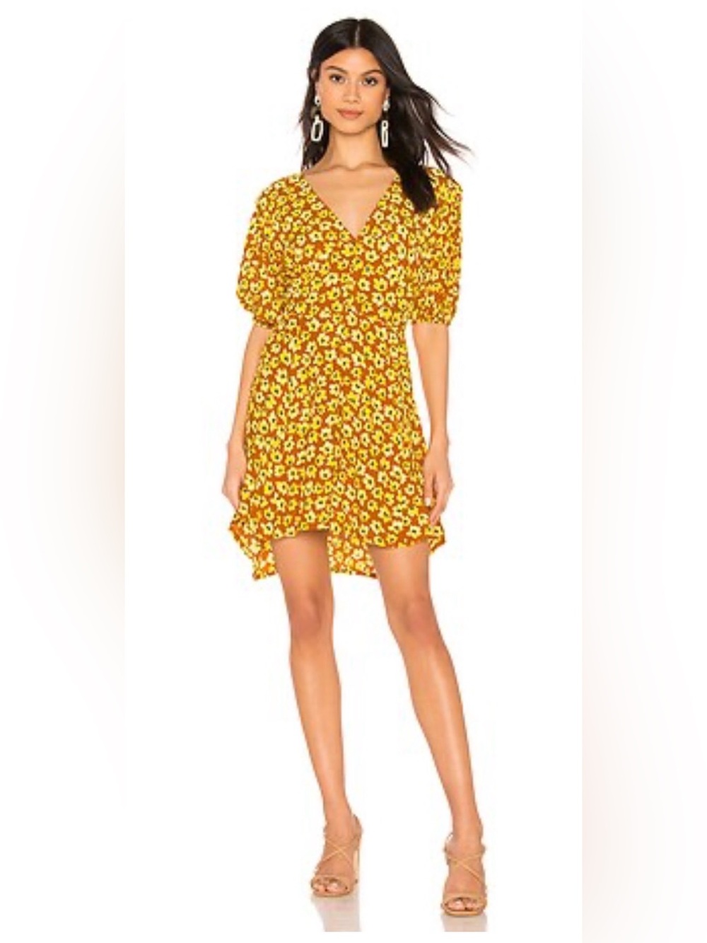 Faithfull the Brand “Ilia” Yellow Floral Mini Dress, Puffed Sleeves, Size 6 - Picture 3 of 14